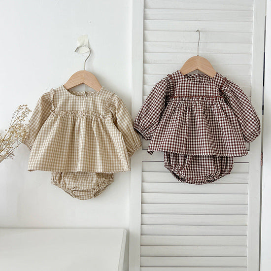 🍁 Autumn’s Most Adorable Baby Girl Outfit – Plaid Top & Bloomer Set (Long Sleeve Dress)