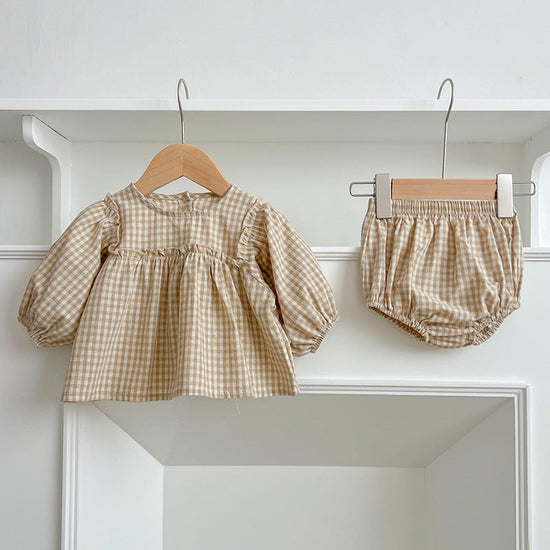 🍁 Autumn’s Most Adorable Baby Girl Outfit – Plaid Top & Bloomer Set (Long Sleeve Dress)