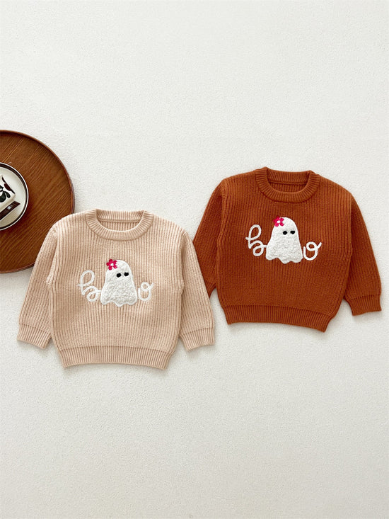 Autumn New Arrival Baby Kids Unisex Comfortable Halloween Ghost Pattern Knitted Long Sleeves Pullover-0