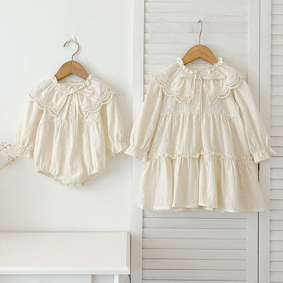 New Design Autumn Floral Embroidery Pattern Baby Kids Girls Bow-Tied Collar Onesies And Dress – Princess Sister Matching Set-0